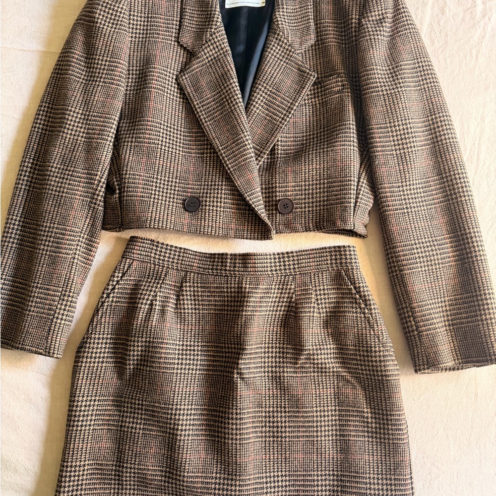 Brown Plaid Vintage Upcycled Blazer and Skirt set